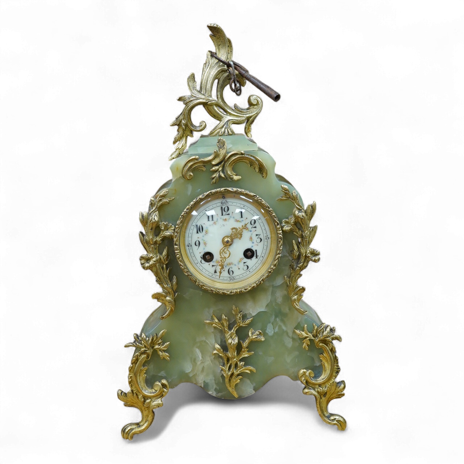 A Louis XV style onyx mantel timepiece, with key, 40cm high